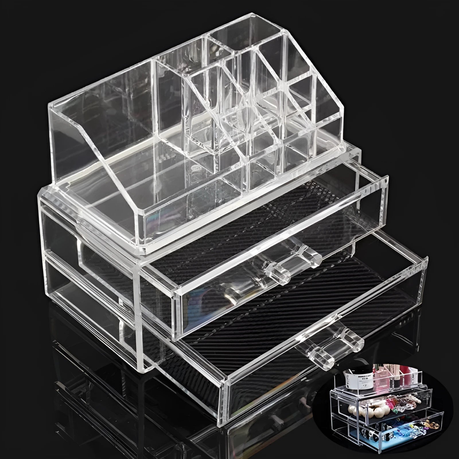 Transparent foldable acrylic makeup storage organiser box with 18-litre capacity.