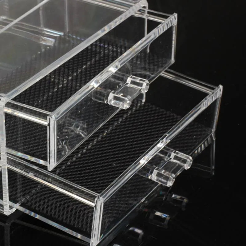 Transparent foldable acrylic makeup storage organiser box with 18-litre capacity.