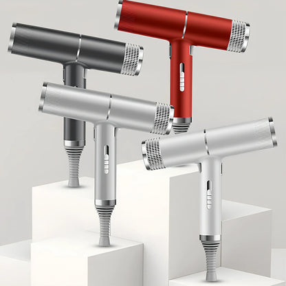 Compact silver hair dryer with nozzle attached showing measurements and power specifications