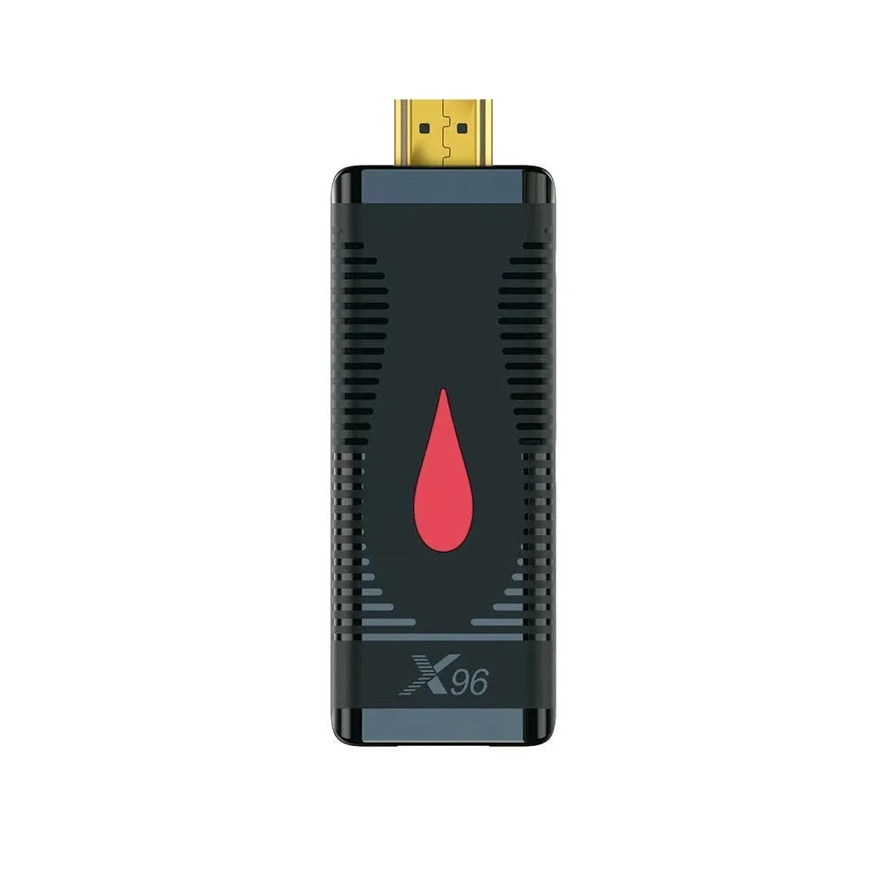 Compact Allwinner H313 smart TV stick dongle with HDMI connector and infrared remote control.