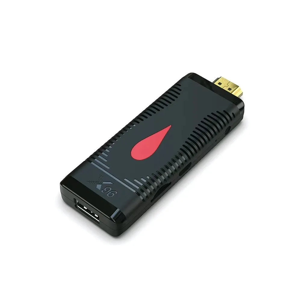 Compact Allwinner H313 smart TV stick dongle with HDMI connector and infrared remote control.