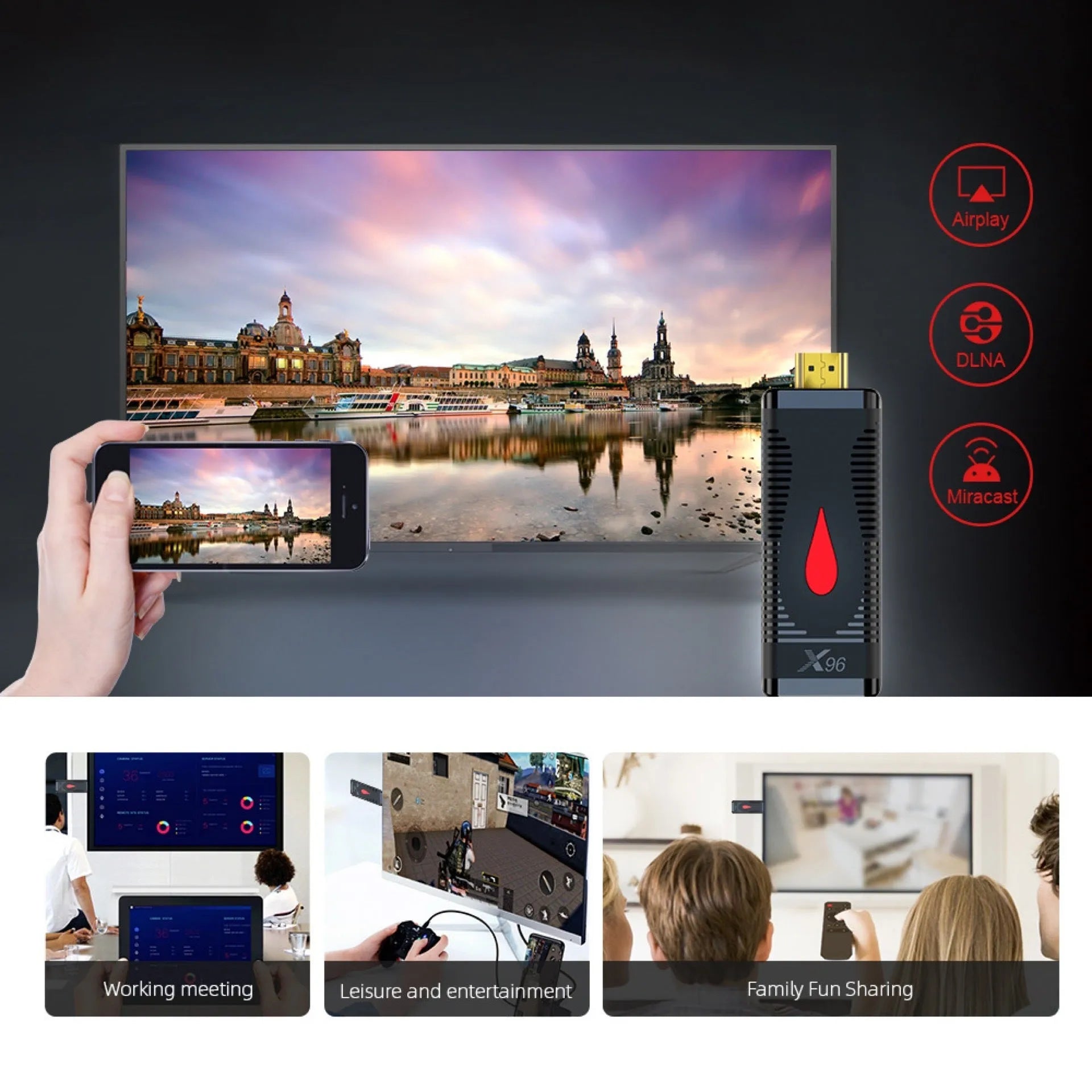 Compact Allwinner H313 smart TV stick dongle with HDMI connector and infrared remote control.
