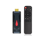 Compact Allwinner H313 smart TV stick dongle with HDMI connector and infrared remote control.