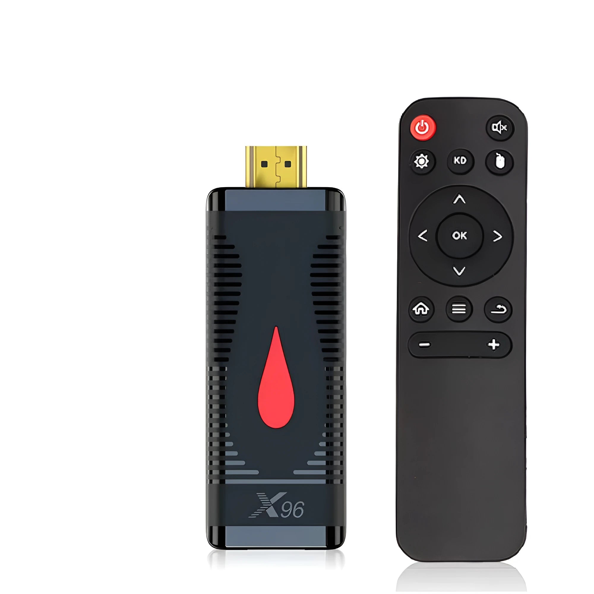 Compact Allwinner H313 smart TV stick dongle with HDMI connector and infrared remote control.