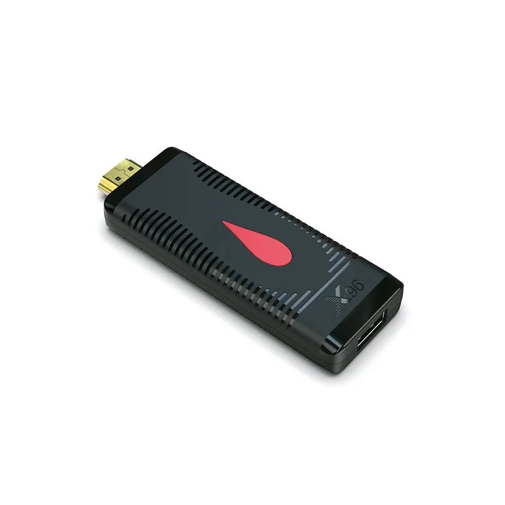 Compact Allwinner H313 smart TV stick dongle with HDMI connector and infrared remote control.