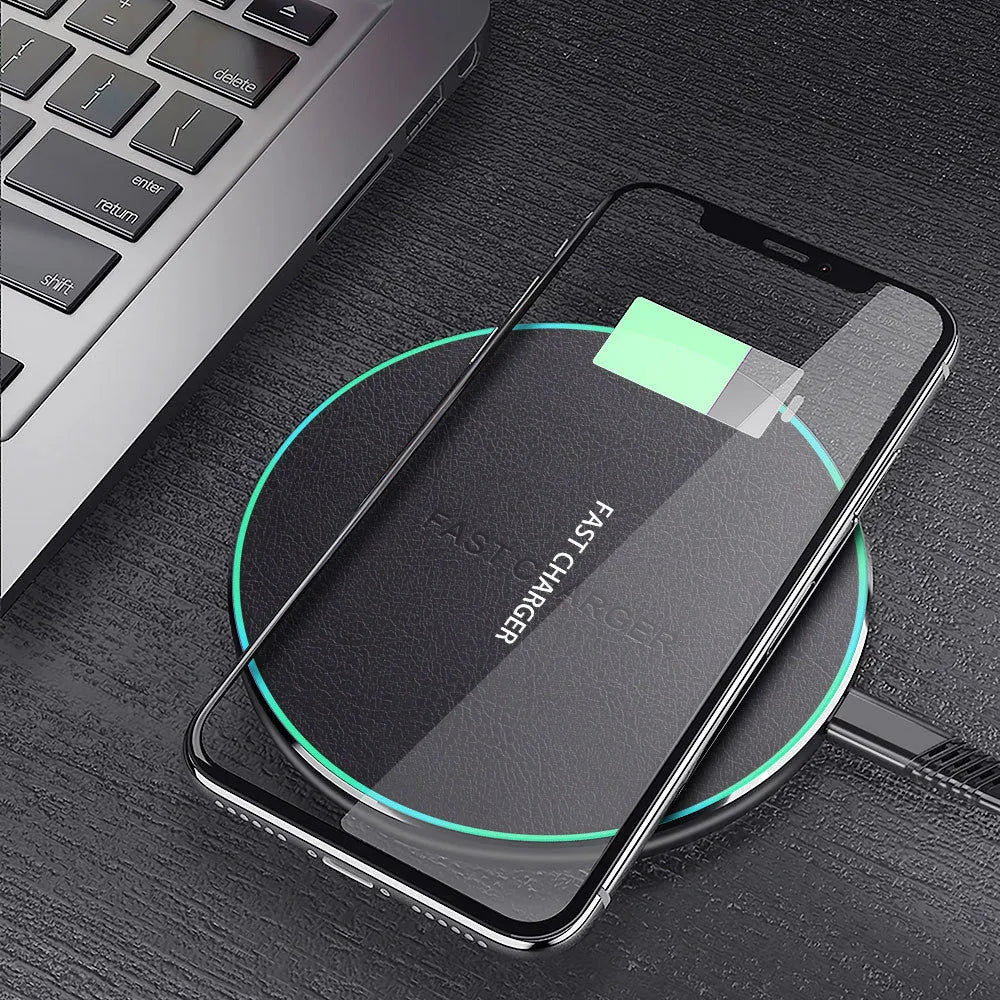 Black car wireless fast charger with aluminium alloy housing measuring 100mm x 60mm