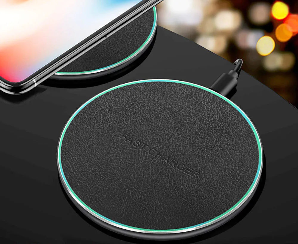 Black car wireless fast charger with aluminium alloy housing measuring 100mm x 60mm
