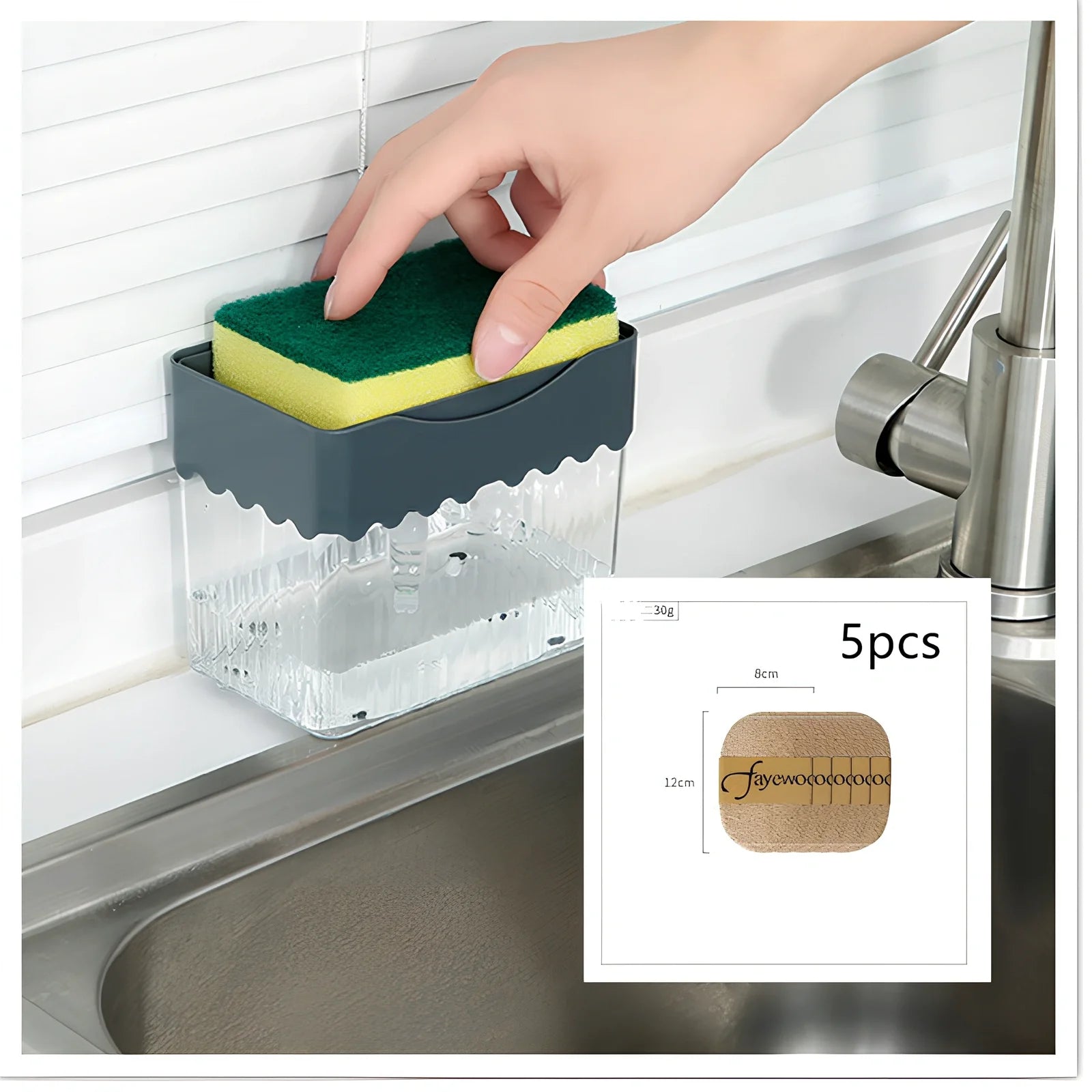 Dark blue 2-in-1 soap dispenser and sponge caddy unit on kitchen counter with measuring tape showing 13.5cm diameter