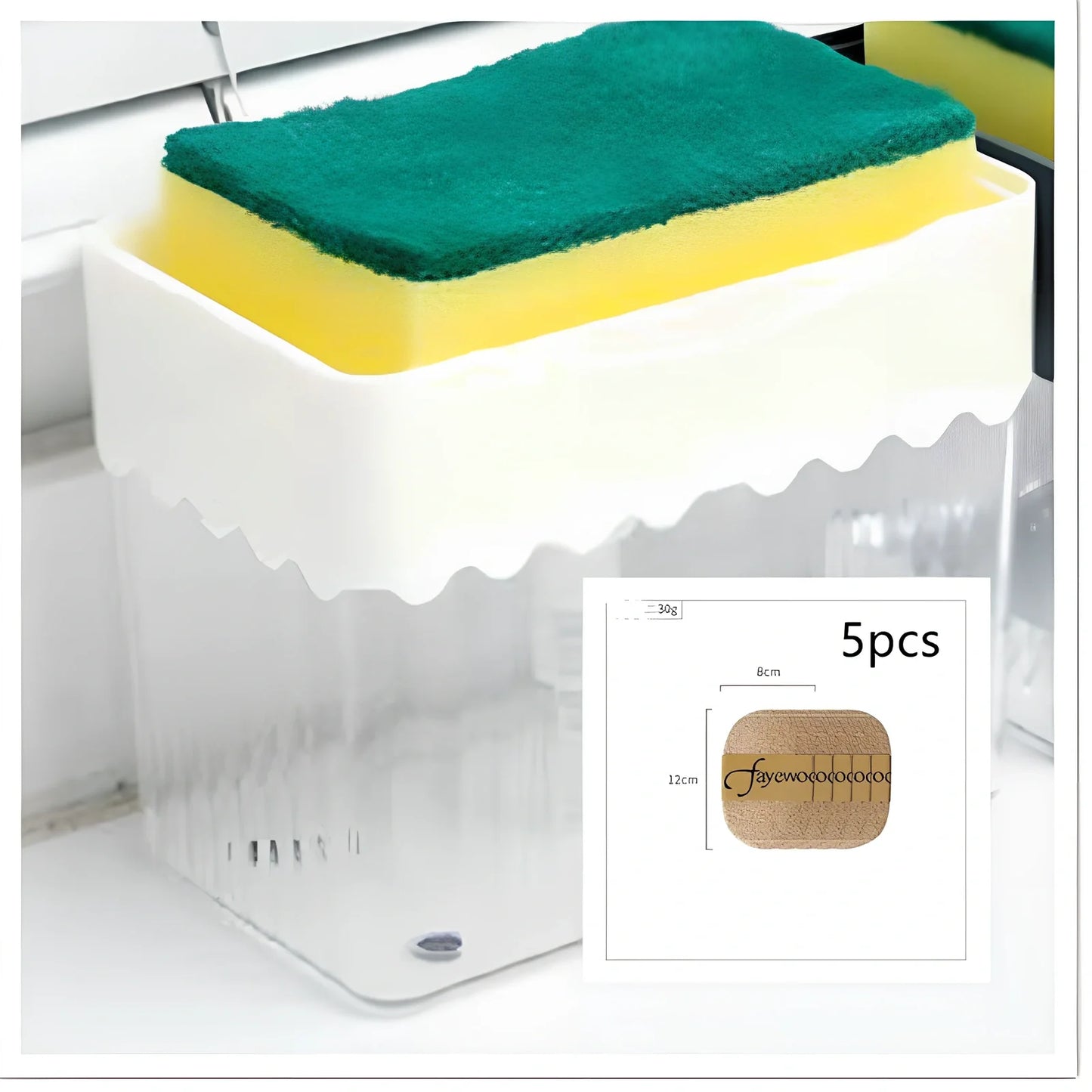 Dark blue 2-in-1 soap dispenser and sponge caddy unit on kitchen counter with measuring tape showing 13.5cm diameter