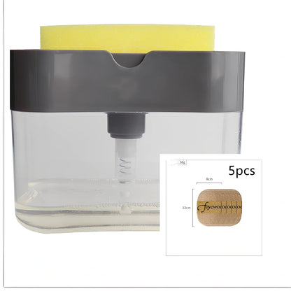 Dark blue 2-in-1 soap dispenser and sponge caddy unit on kitchen counter with measuring tape showing 13.5cm diameter
