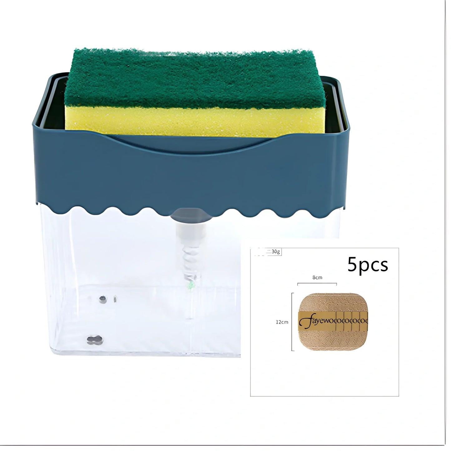 Dark blue 2-in-1 soap dispenser and sponge caddy unit on kitchen counter with measuring tape showing 13.5cm diameter