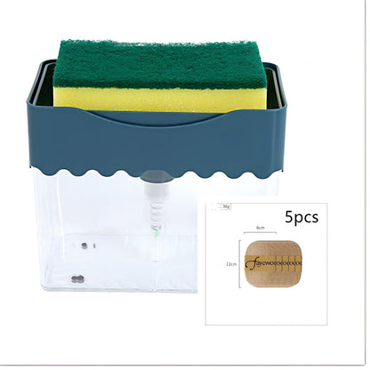 Dark blue 2-in-1 soap dispenser and sponge caddy unit on kitchen counter with measuring tape showing 13.5cm diameter