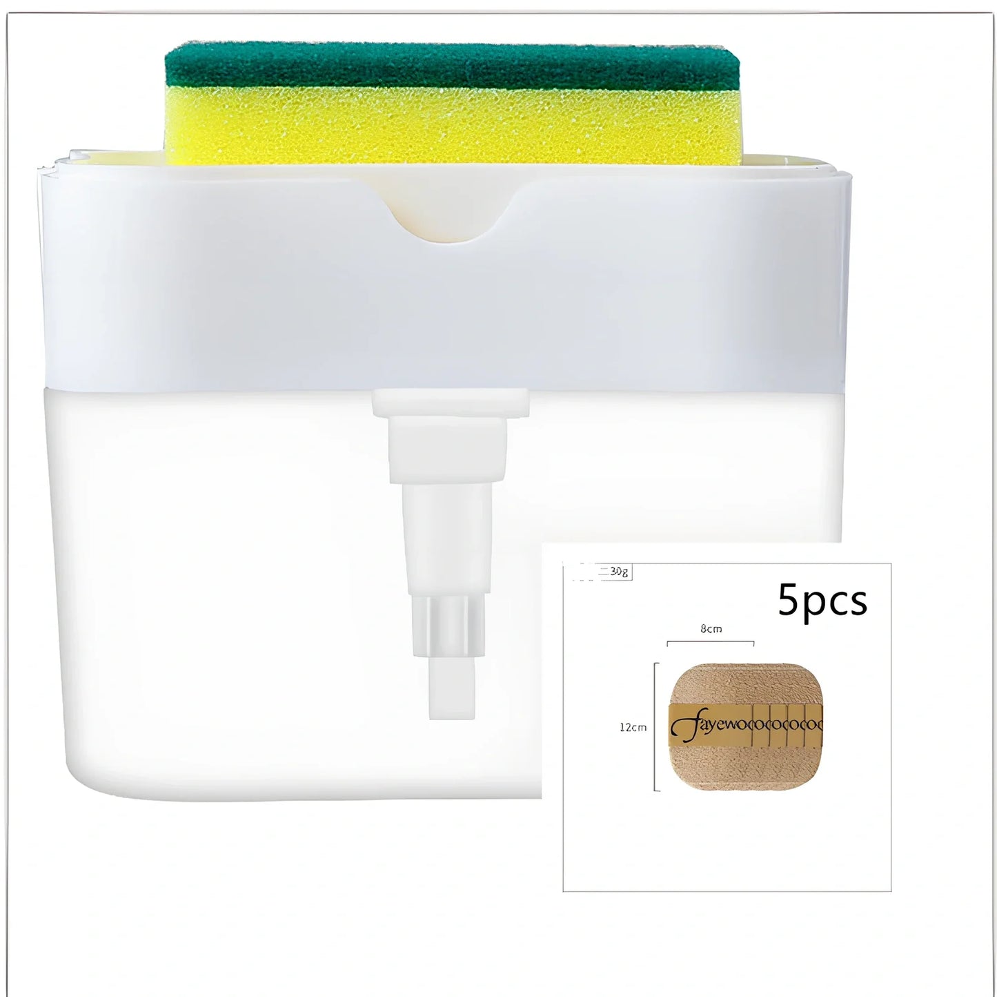 Dark blue 2-in-1 soap dispenser and sponge caddy unit on kitchen counter with measuring tape showing 13.5cm diameter