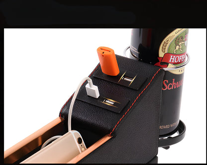 PU leather car seat gap storage box with USB charging port and cup holder function