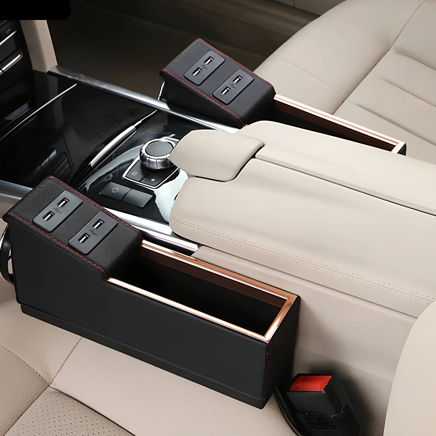PU leather car seat gap storage box with USB charging port and cup holder function