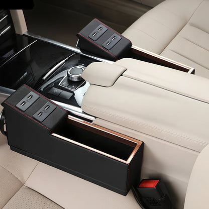 PU leather car seat gap storage box with USB charging port and cup holder function