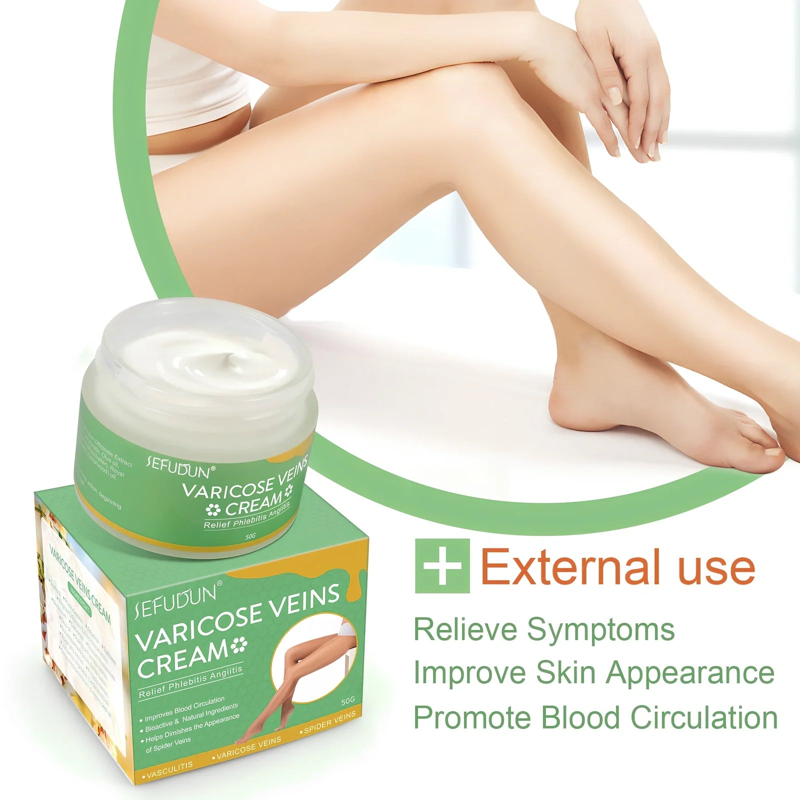 50g tube of varicose vein cream with safflower for leg circulation and pain relief, natural ingredients visible on label