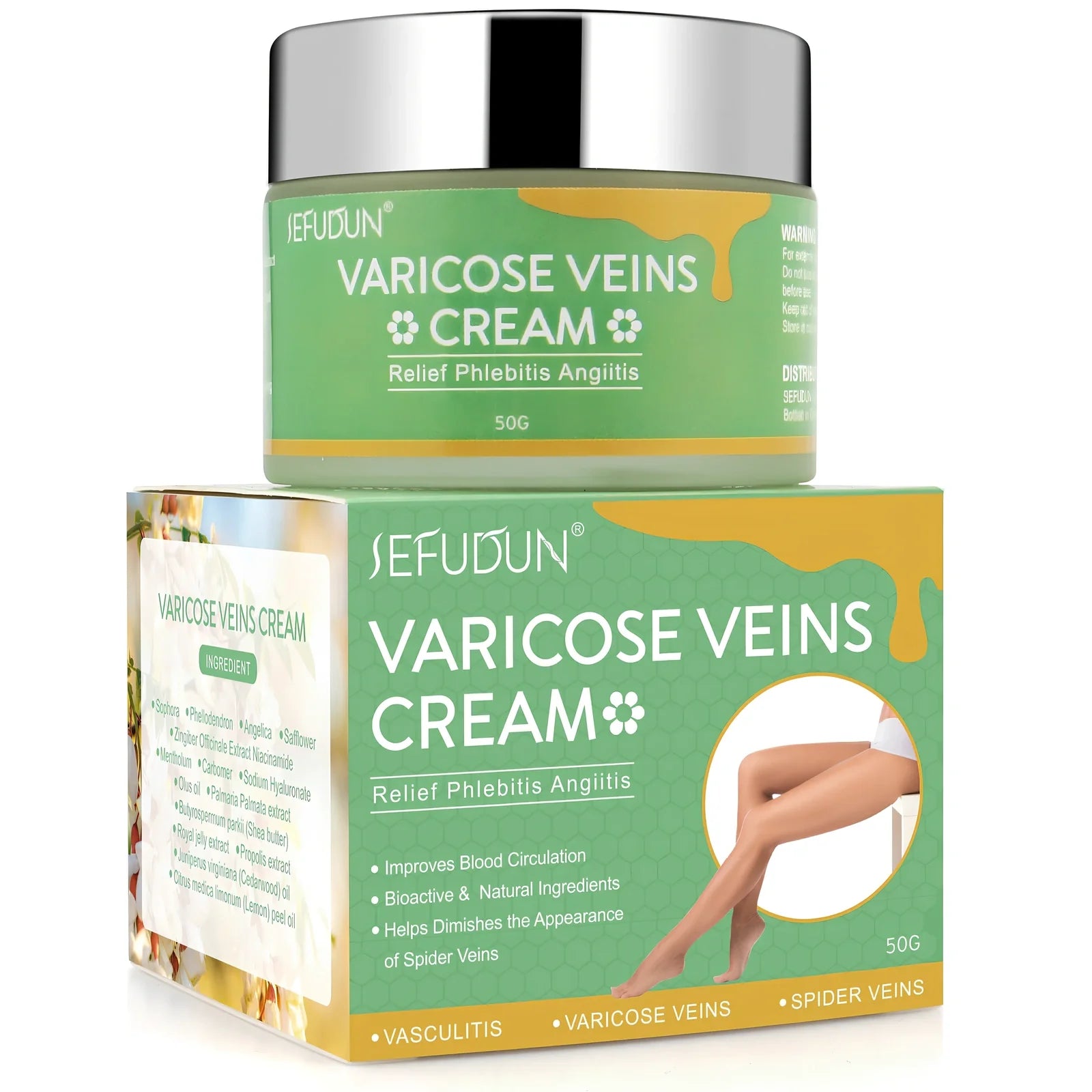 50g tube of varicose vein cream with safflower for leg circulation and pain relief, natural ingredients visible on label