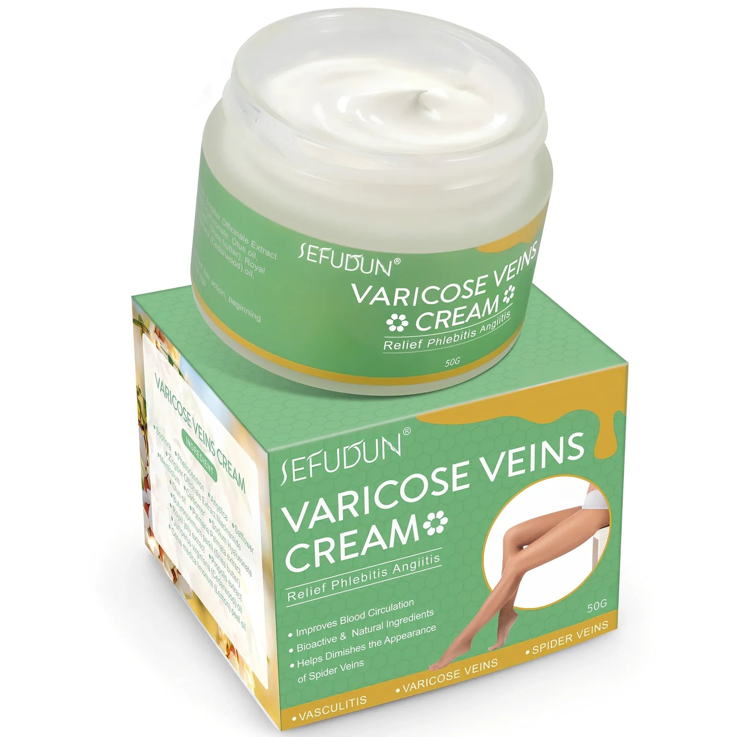 50g tube of varicose vein cream with safflower for leg circulation and pain relief, natural ingredients visible on label