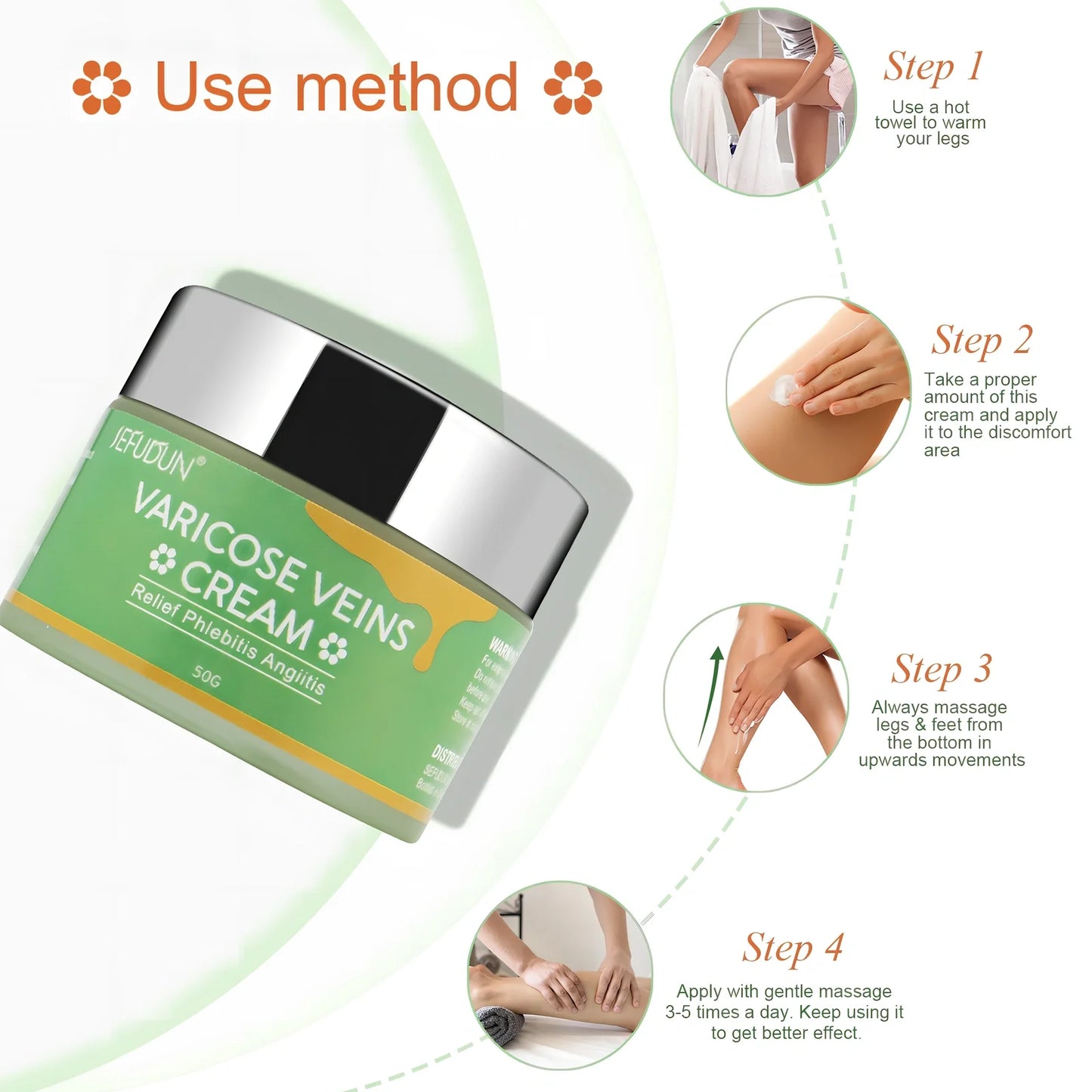 50g tube of varicose vein cream with safflower for leg circulation and pain relief, natural ingredients visible on label