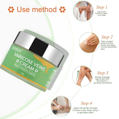 50g tube of varicose vein cream with safflower for leg circulation and pain relief, natural ingredients visible on label