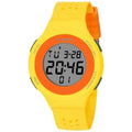 Thin LED waterproof sports watch with numerical display showing six colour options