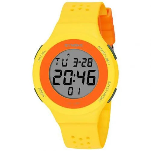 Thin LED waterproof sports watch with numerical display showing six colour options