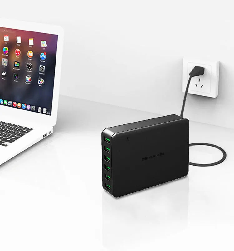 Black and white 60W desktop USB fast charger with 5V output and indication light