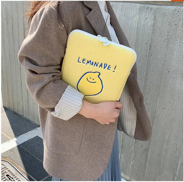 Horizontal square polyester storage bag with lemon embroidery and letter design, medium size, for Apple 11-inch or 15-inch devices