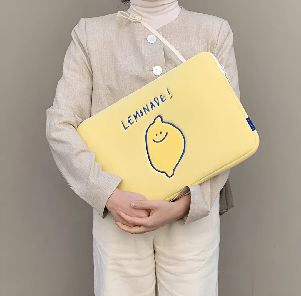 Horizontal square polyester storage bag with lemon embroidery and letter design, medium size, for Apple 11-inch or 15-inch devices