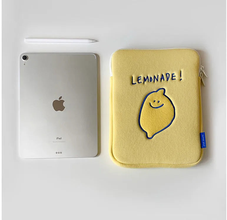 Horizontal square polyester storage bag with lemon embroidery and letter design, medium size, for Apple 11-inch or 15-inch devices