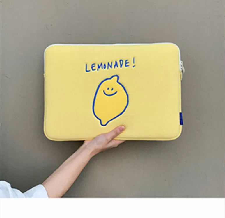 Horizontal square polyester storage bag with lemon embroidery and letter design, medium size, for Apple 11-inch or 15-inch devices