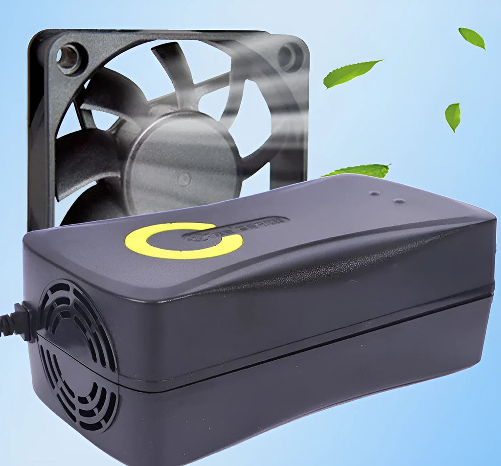 Black electric car charger for 72V 20Ah lead-acid batteries with automatic power-off function