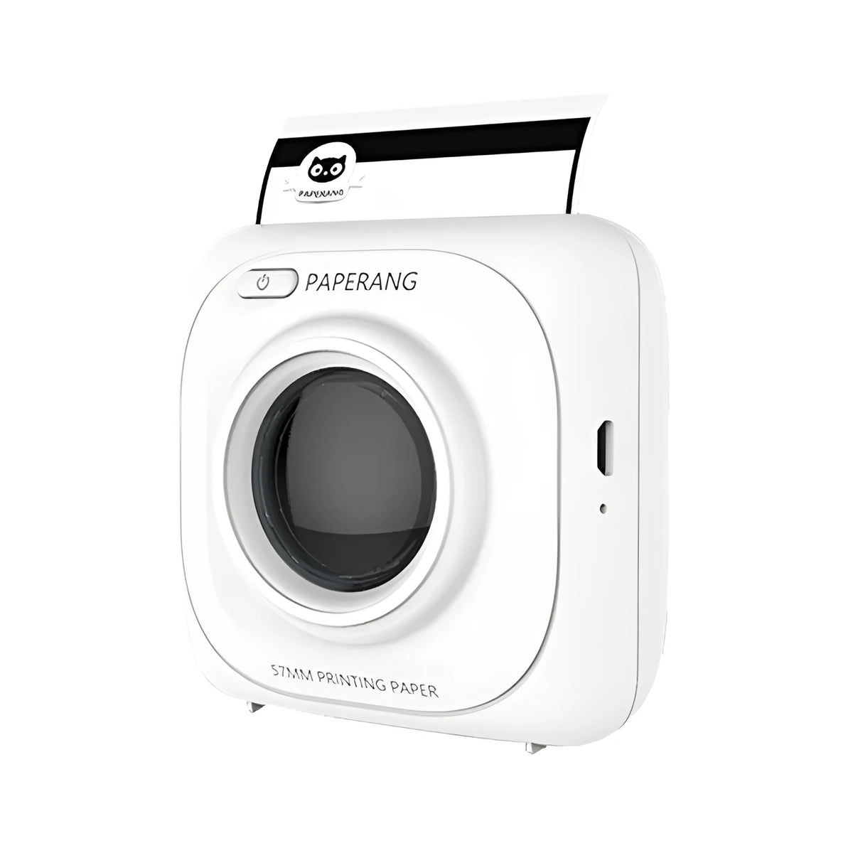 Paperang mini thermal photo printer in white, 83x83x45mm, with USB cable and thermal paper roll