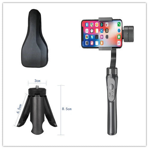 Handheld 3-axis gimbal stabilizer for iPhone in black, showing compact design and adjustable features