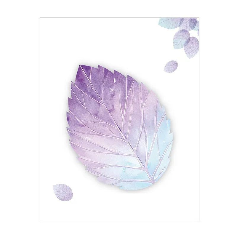 Leaf-shaped sticky notes with eight botanical designs including water lily, ginkgo, and maple leaf