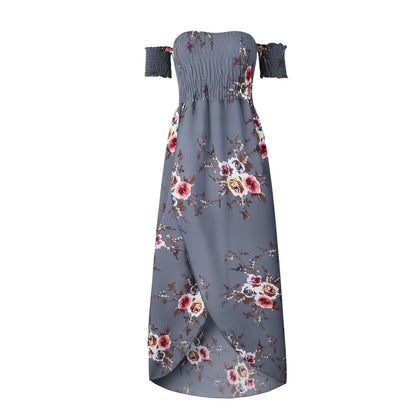 Women's boho off-shoulder summer dress in stretch fabric with beach-ready design