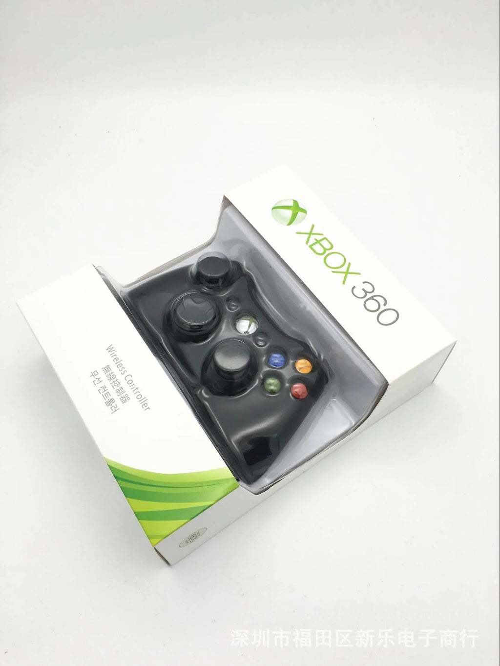 Xbox 360 wireless controller in black with 2.4GHz 30ft range and Xbox navigation button