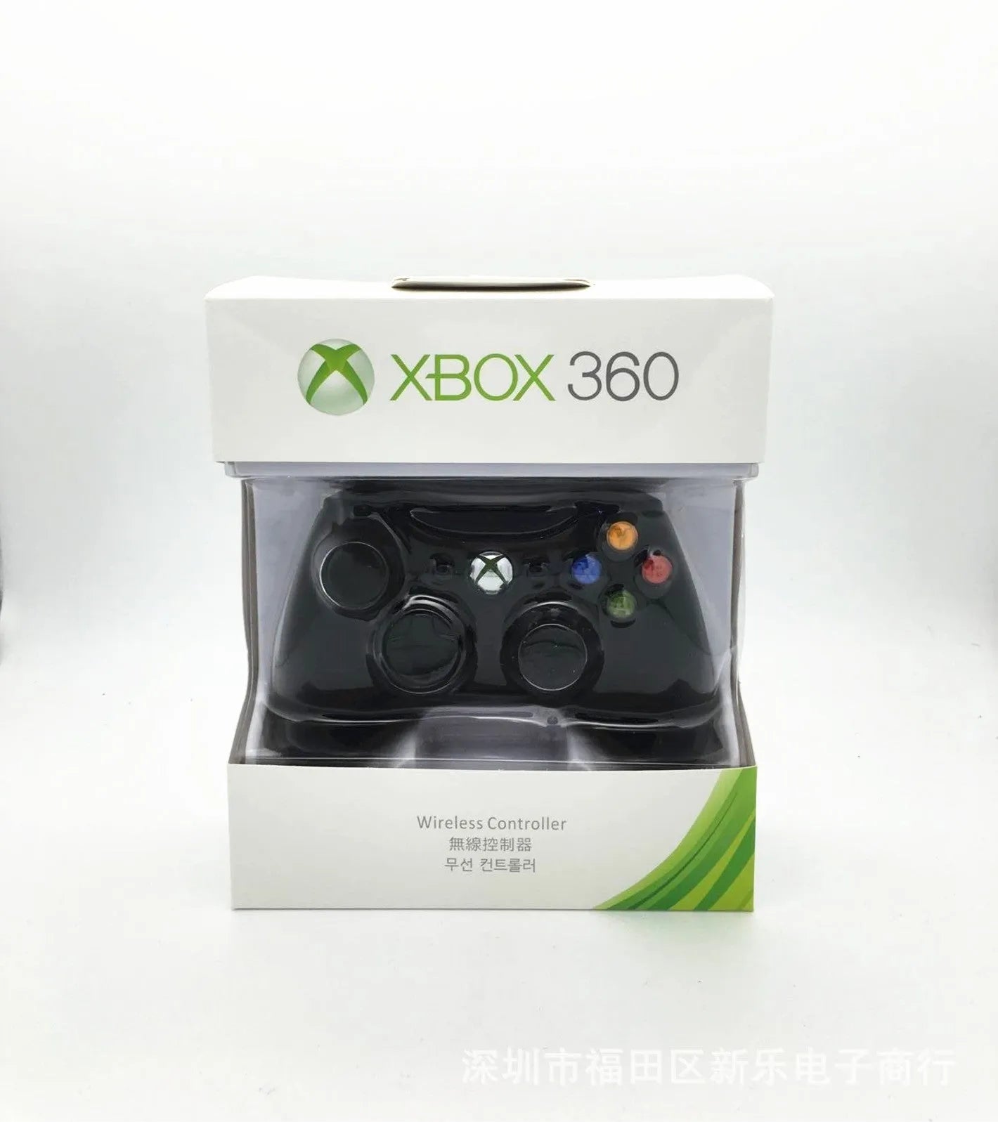 Xbox 360 wireless controller in black with 2.4GHz 30ft range and Xbox navigation button