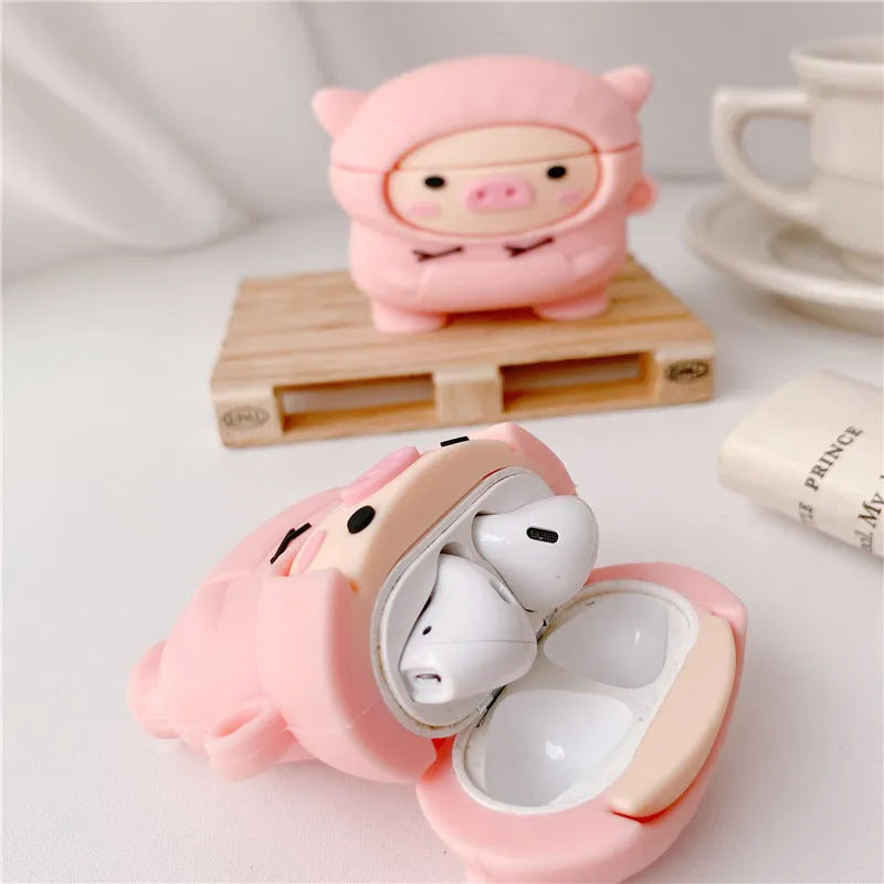 Pink pig cartoon design silicone AirPods case cover with flip closure and hook