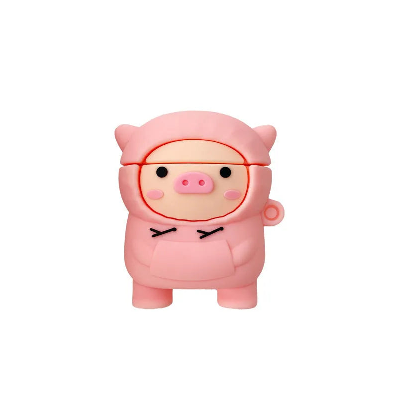 Pink pig cartoon design silicone AirPods case cover with flip closure and hook