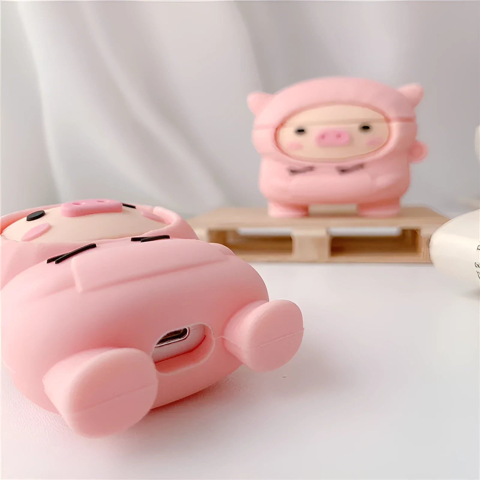 Pink pig cartoon design silicone AirPods case cover with flip closure and hook