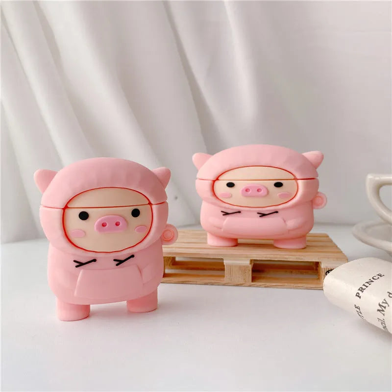 Pink pig cartoon design silicone AirPods case cover with flip closure and hook