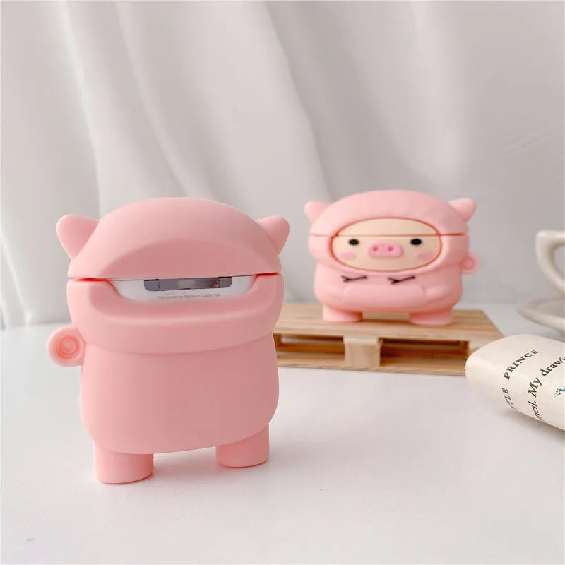 Pink pig cartoon design silicone AirPods case cover with flip closure and hook