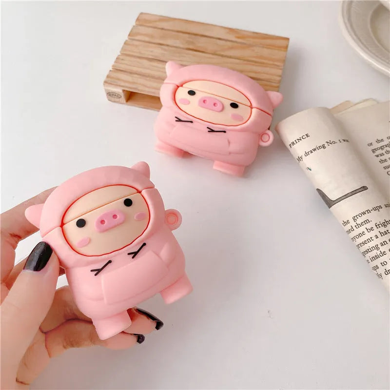 Pink pig cartoon design silicone AirPods case cover with flip closure and hook