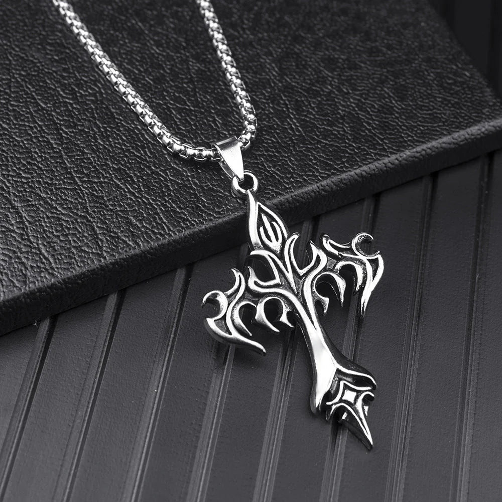 Cross Amulet Stainless Steel Pendant with Pearl Chain - Fire Cross Design
