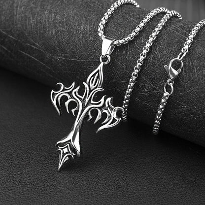 Cross Amulet Stainless Steel Pendant with Pearl Chain - Fire Cross Design
