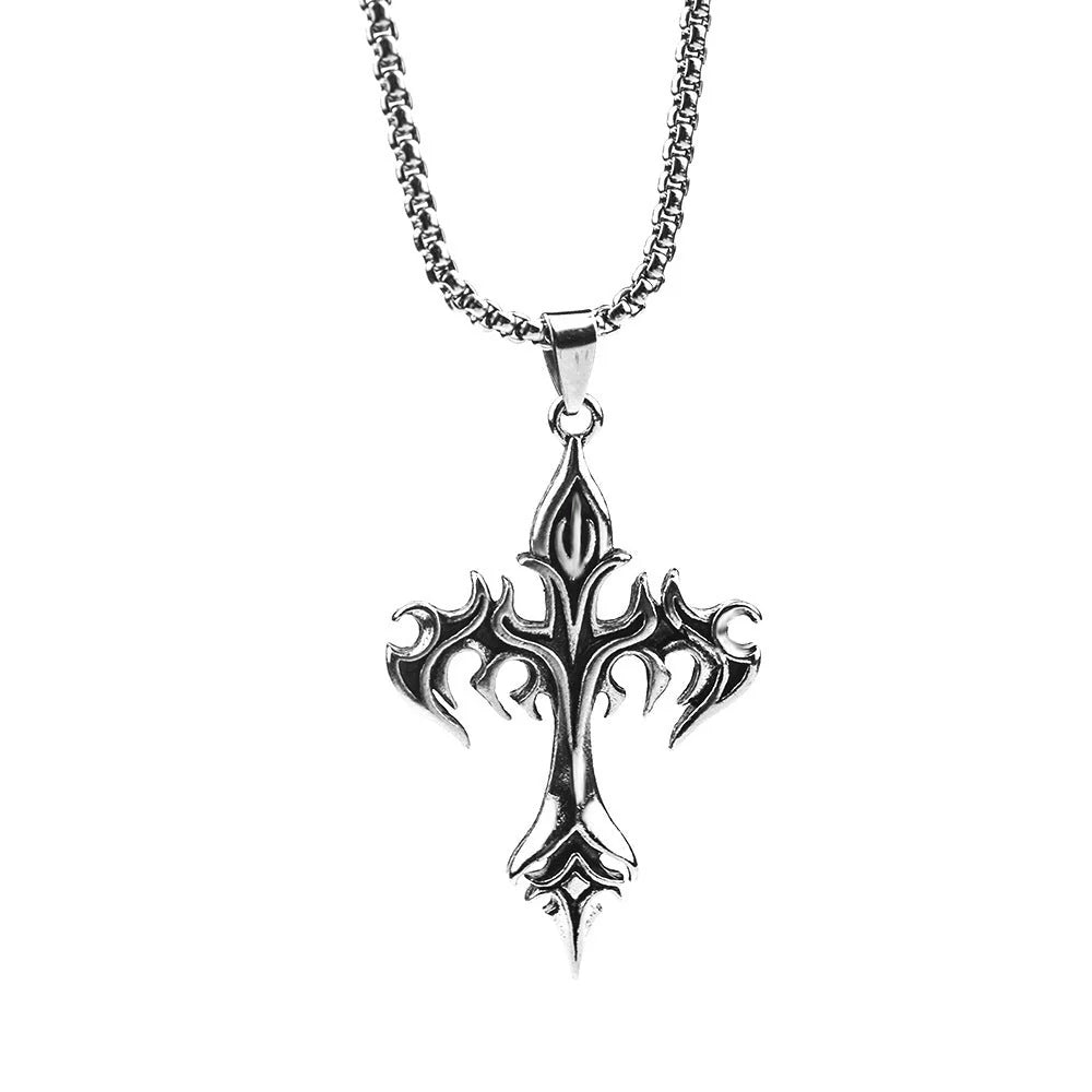 Cross Amulet Stainless Steel Pendant with Pearl Chain - Fire Cross Design