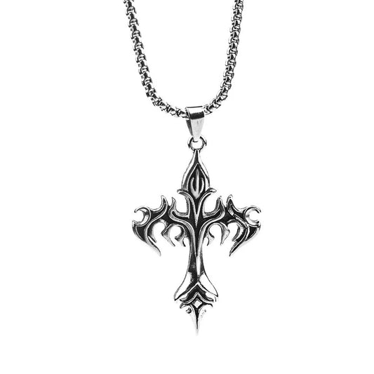 Cross Amulet Stainless Steel Pendant with Pearl Chain - Fire Cross Design