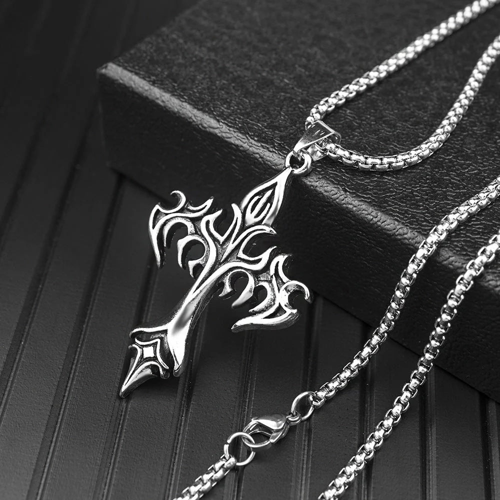 Cross Amulet Stainless Steel Pendant with Pearl Chain - Fire Cross Design